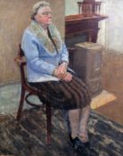 § Patrick George (1923-)oil on board,Portrait of a seated lady,signed verso,38.5 x 31in.