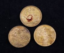 Three gold half sovereigns; 1903, 1913 and 1915