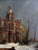 19th century Dutch Schooloil on wooden panel,Winter scene with figures outside a church, possibly