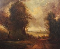 Follower of John Constableoil on canvas,A country lane leading to a cornfield in Suffolk,bears
