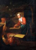 Late 18th century Dutch Schooloil on wooden panel,Woman at a well,12 x 9in.