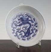 A Chinese blue and white `dragon` dish, Jiaqing seal mark and possibly of the period, the interior