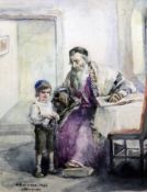Anna Rychter-May (1865-1955)watercolour,Interior with seated rabbi and boy,signed and inscribed