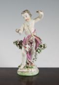 A Chelsea-Derby figure of Cupid, c.1770, holding an arrow and a nest of love birds, standing