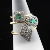 Two 1920`s 18ct gold, emerald and diamond rings and an 18ct gold and platinum lozenge shaped diamond