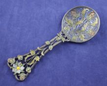 An early 20th century Scandinavian? silver and plique a jour enamel spoon, with foliate decoration