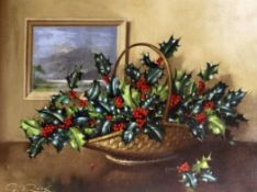 Geoffrey A. Rock (1923-)oil on canvas,Still life of holly in a basket,signed,15 x 20in.