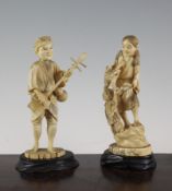 Two Japanese walrus ivory okimonos, early 20th century, the first a shamisen player, two character