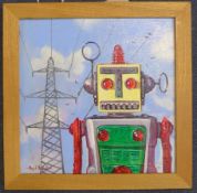 Raymond Campbell (20th C.)oil on wooden panel,Explorer Robot,signed and dated 2013,9 x 9in.