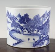 A Chinese blue and white brushpot, Qianlong period, painted with figures and boats in a river