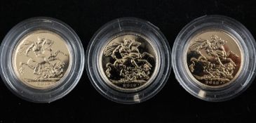 Three 2010 gold sovereigns, mint and boxed.