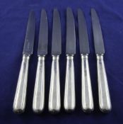Six George III silver handled table knives, marks rubbed, two with date letter for London, 1793, all