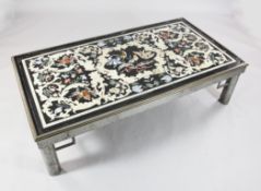 A pietra dura top steel coffee table, the scagliola top decorated with flowers and birds, 4ft 7in. x