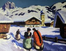 Manner of Alfons Walde (1891-1958)oil on canvasboard,Figures in a winter landscape,signed Karner,