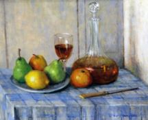 Mary Remington (1910-)oil on board,Pears and wine,signed,15.5 x 19.5in.