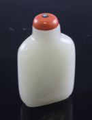 A Chinese pale celadon jade snuff bottle, of plain form, the stone of excellent even tone, 2.6in. (