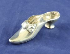 A late Victorian silver novelty pin cushion, modelled as a lady`s shoe, lacks cushion, Levi &