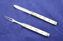 A pair of early 19th century silver and mother of pearl travelling fruit knife and fork, with inlaid