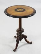 A 19th century circular wine table, with floral marquetry inlaid walnut and rosewood crossbanded