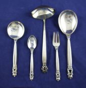 A part suite of mid 20th century Georg Jensen sterling silver acorn pattern flatware for twelve,