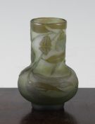 A Galle cameo glass small bulbous vase, decorated with pale brown and blue flowers and foliage,