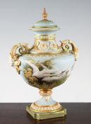 A Royal Worcester twin handled vase and cover, painted by Charley Baldwyn, date code for 1906,