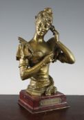 After Rousseau. A gilt bronze bust of a young lady holding a telephone earpiece, on a red marble