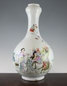 A large Chinese famille rose garlic neck vase, Hongxian mark but later, painted with a figure of