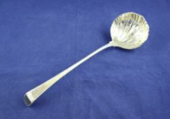 A George III silver Old English pattern soup ladle, with engraved monogram, bright cut engraved