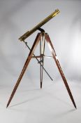 A 19th century Broadhurst & Clarkson `Premier` lacquered brass telescope and stand, with a fitted