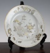 A Chinese export grisaille and gilt decorated dish, early Qianlong period, painted with a vase