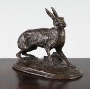 After Pierre Jules Mene (1810-1879). A 19th century bronze miniature model of a standing hare, on an