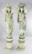 A decorative pair of French figural pilasters, modelled as classical maidens, holding aloft an ionic