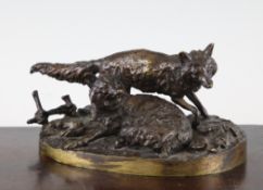 After Pierre Jules Mene (1810-1879). A 19th century bronze miniature group of a pair of foxes, on an