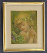 Adelina Zandrino (1893-1994)oil on board,Child with a daisy chain garland,signed,11.5 x 9in.