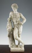 After the antique. A late 18th century white marble figure of Mercury standing beside a pillar