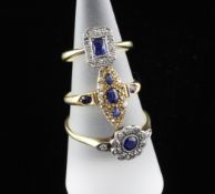 Three 18ct gold, sapphire and diamond dress rings, of circular, tablet or marquise shape, sizes I,