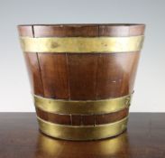 A late Victorian brass bound and tapering coopered pail or planter, W.2ft