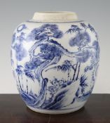 A Chinese blue and white open `Three Friends of Winter` jar, 18th century, painted with bamboo,