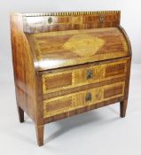 An early 19th century Dutch cylinder bureau, with chequer banded inlay, the secretaire interior with