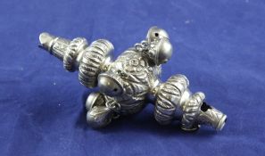 A Victorian silver child`s rattle, with whistle and seven bells, lacking teether, Hilliard &