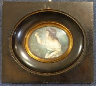 English School c.1900oil on ivory,Miniature of a child picking roses,signed Damon,1.75 x 2.25in.