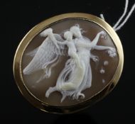 A 9ct gold mounted oval cameo brooch, carved with angel and putto, 2in.