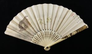 A Japanese painted leaf lacquer and ivory fan, Meiji period, one side of the silk leaf painted