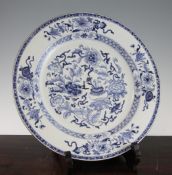 A Chinese blue and white dish, Qianlong period, painted with scholarly objects, flowers and scrolls,