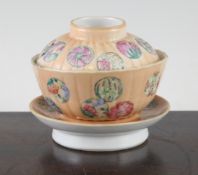 A Chinese famille rose rice bowl, cover and stand, Tongzhi mark, early 20th century, painted with