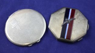 A 1950`s engine turned silver and enamel octagonal compact with R.A.F. appliqué, J.W. Benson Ltd,