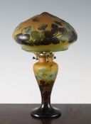 A Galle four colour cameo glass table lamp and shade, decorated with blue, green and brown