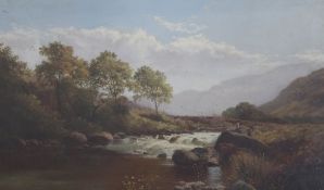 F* M*pair of oil on canvas,Landscape at sunset with cattle watering and Anglers beside a waterfall,