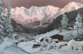 § Alois Arnegger (Austrian, 1879-1963)oil on canvas,Alpine village in winter,signed,24 x 36in.